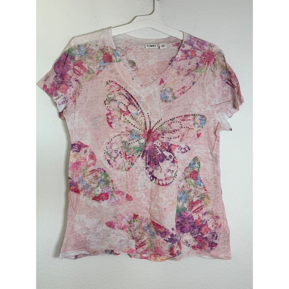 Cato Pink Burnout Butterfly Floral Rhinestone V-Neck Tee Shirt XL